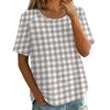 Damen Vintage Karomuster Kurzarm Rundhals Bluse Leichte Atmungsaktive Leinenmischung Lässiges Oberteil für den Alltag