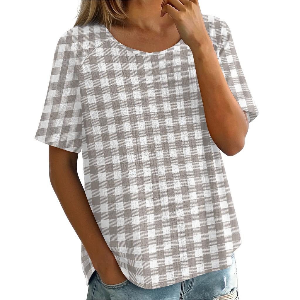 Damen Vintage Karomuster Kurzarm Rundhals Bluse Leichte Atmungsaktive Leinenmischung Lässiges Oberteil für den Alltag