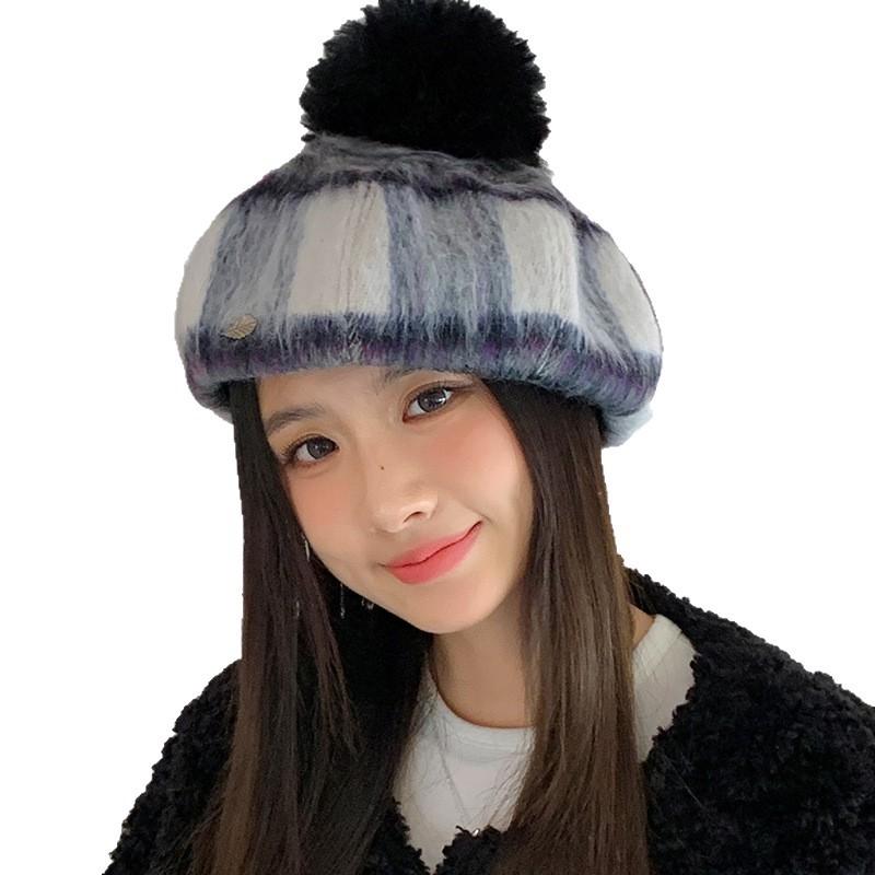 New Autumn and Winter Plush Beret Korean Cute Fur Ball Hat for Women Fashion Versatile Octagonal Hat Windproof and Warm Hat
