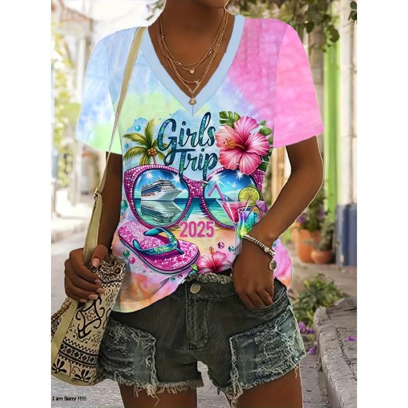 Women s Travel Vacation Casual T-Shirt, Fashion Summer Printed Top, Women s Casual Round Neck Summer Pullover S