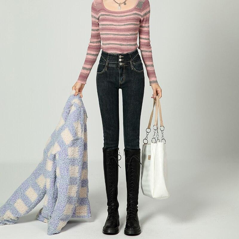 

Зимние толстые бархатные женские брюки с высокой талией в стиле Харадзюку, облегающие эластичные женские повседневные джинсовые брюки-карандаш, узкие джинсы, винтажные теплые флисовые брюки 32