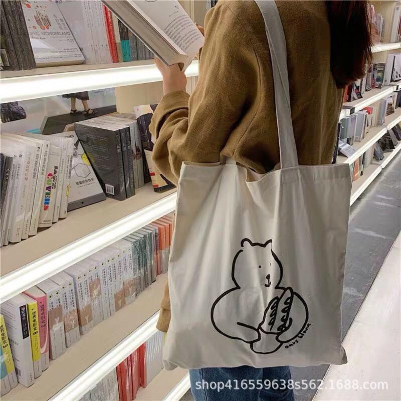 Korean Ins Niche Design Cute Cartoon Fun Pattern Thin Cotton Grey Cloth Bag Canvas Single Shoulder