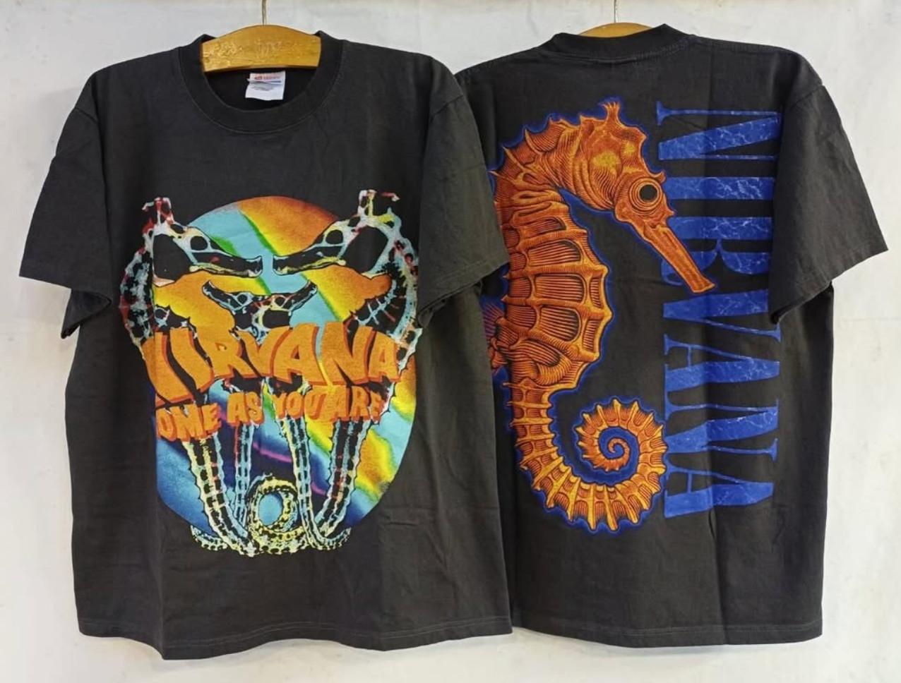 VTG Nirvana Come As You Are Sea Horse Logo Kurt 90s Grunge Band XL Shirt REPRINT M