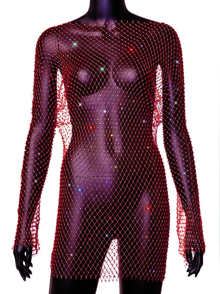 Women's Flared Sleeve Mesh Flash Diamond Crew Neck Dress Sexy Hollow Women's Dress