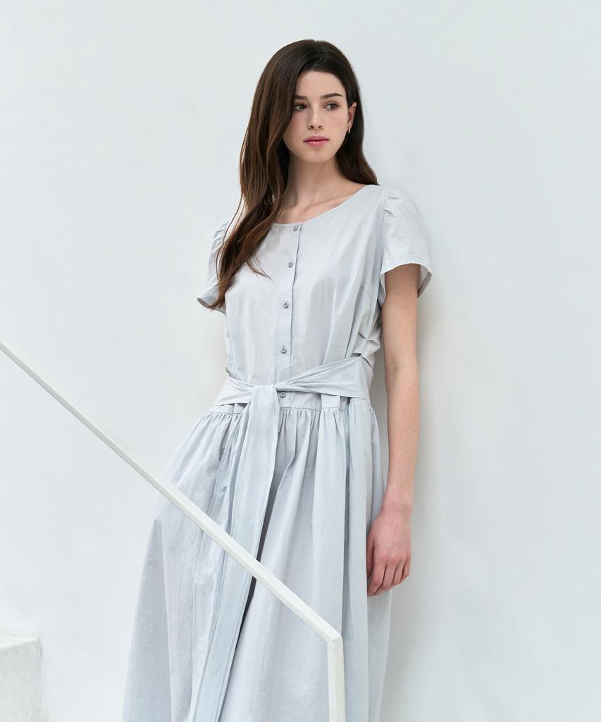Basica Waist Tie Shirred Dress (Gray)