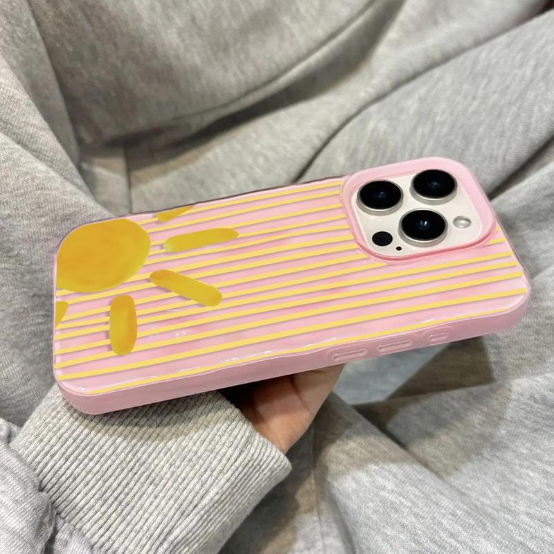 Custodia per Telefono Gialla a Strisce con Disegno del Sole per IPhone 17 Pro Max 16 15 14 13 12 11 Pro Max Plus 17Air 16E Texture Pieghettata Cover Morbida