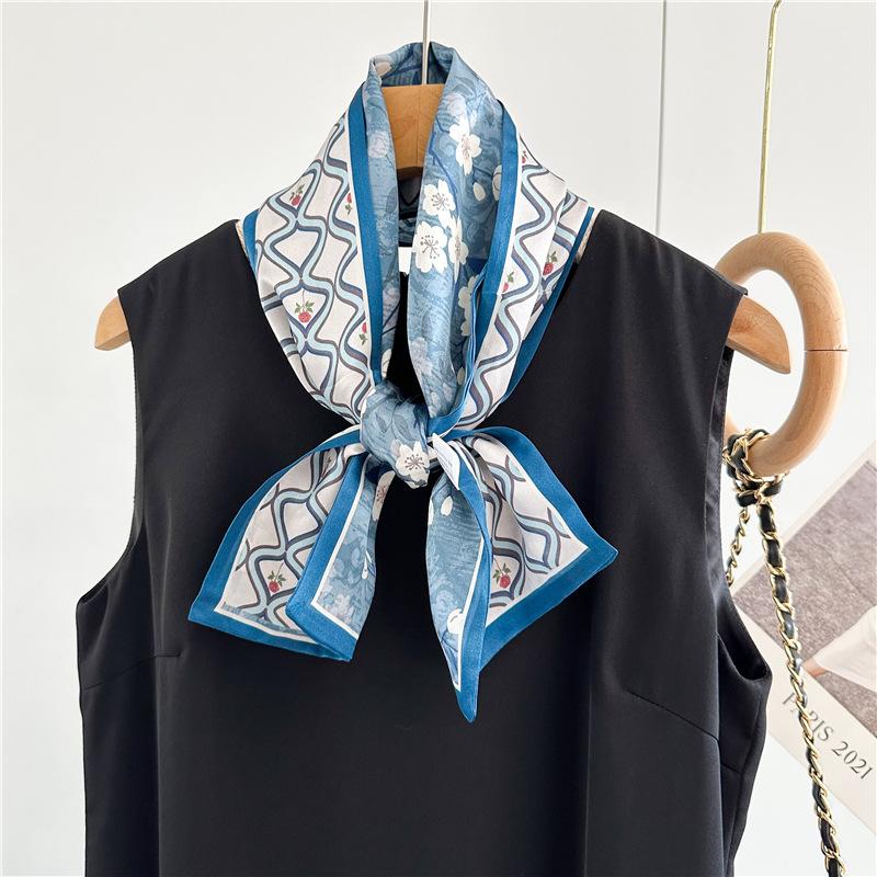 Temperament blue flower plaid silk scarf femininity mulberry silk silk scarf thin, narrow and long double-sided scarf streamer