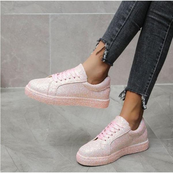 Neue Damen Casual Sneaker Mode Pailletten Schnür-Plateau Vulkanisierte Schuhe für Damen Outdoor Langlebige Flats Damen Laufschuhe