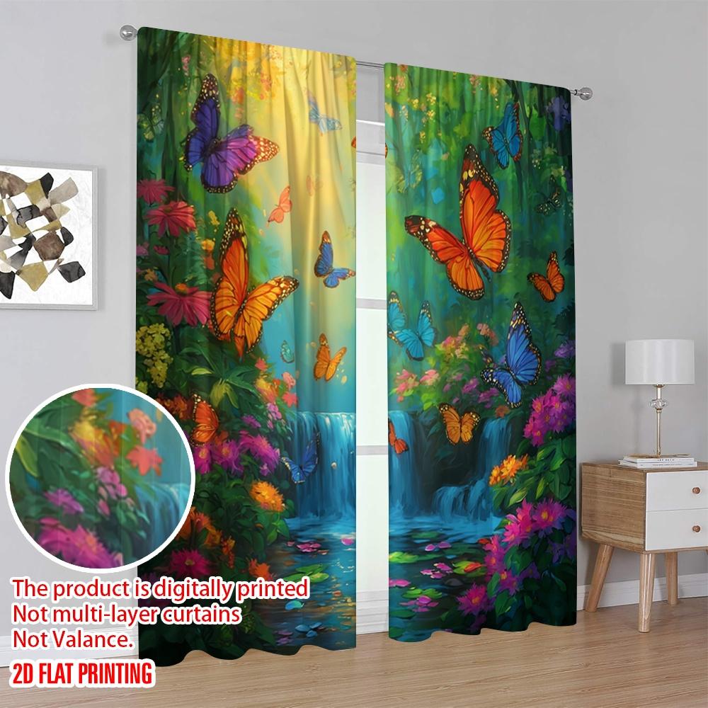 2pcs,2D Plane Printing Curtains Digital Printed Butterfly Paradise Versatile Polyester Fabric (without Rod) All Seasons for