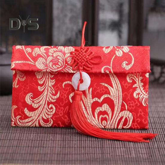 Plic roșu din mătase artificială Nuntă chinezească Buzunar roșu Lucky Money Hongbao Card Plic pentru numerar cu nod chinezesc pentru nunta la Festivalul de primăvară de Anul Nou