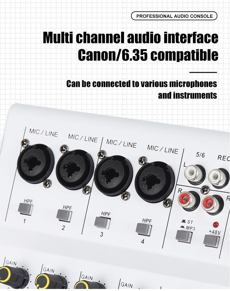 Kompakter 4/6-Kanal Bluetooth Soundkartenmischer für professionelle Bühne und Live-Übertragungen