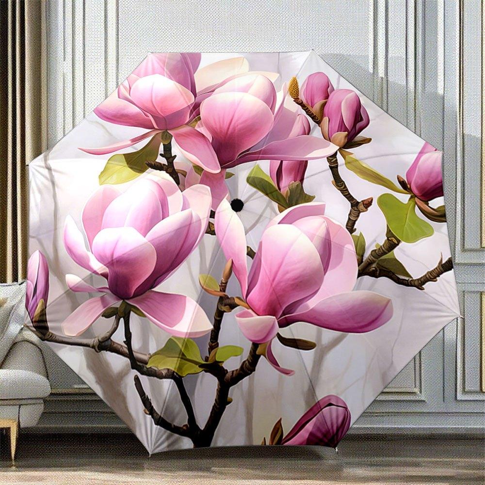 

Automatic Open/Close Folding Umbrella with Magnolia Floral Design - Compact Travel Umbrella, Elegant Pink Magnolias & Green Le (as the picture,Iron&8K)