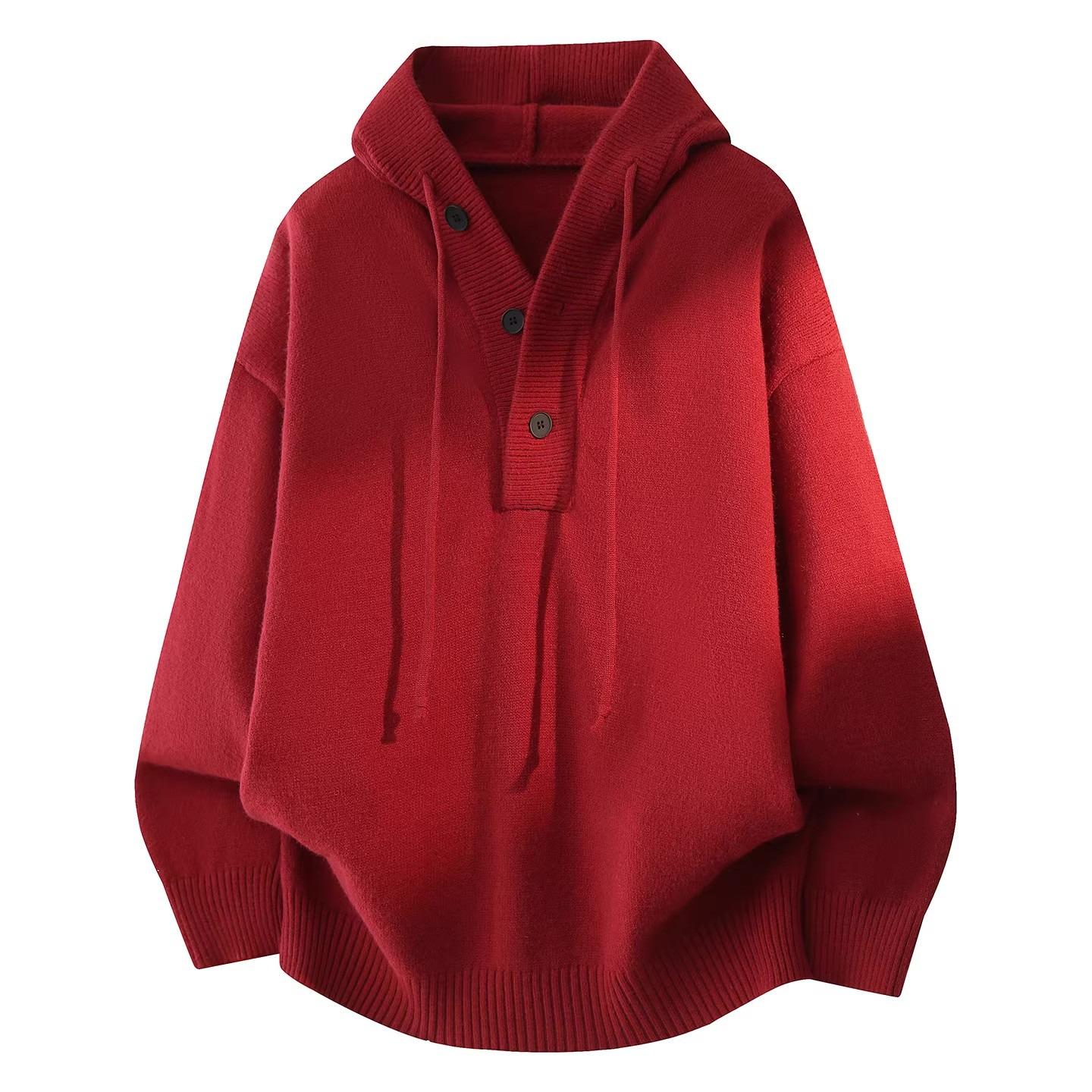 

Men s Heavyweight Hooded Knitwear Sweater - Solid Color, Loose Fit, Casual Autumn/Winter Pullover XL червоний