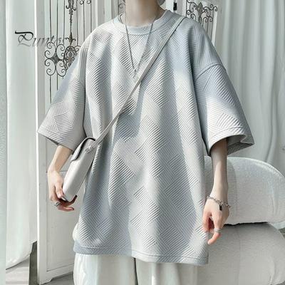 Summer Men T-shirt Round Neck Loose Mid Length Solid Color Waffle Texture Plus Size Half Sleeves Japanese Style Streetwear Outdoor Top