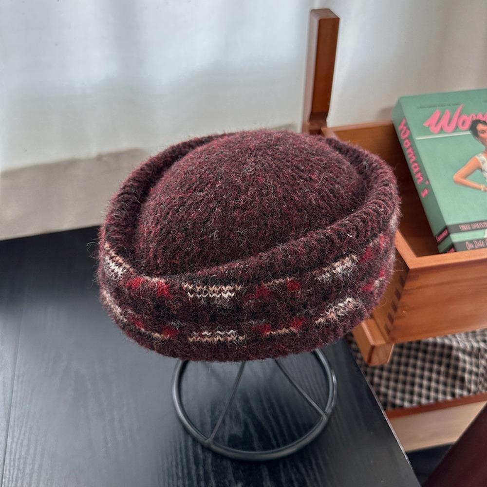 Elegant Fair Isle Pattern Pillbox Hat Jacquard Fedora Hat Fashion Knitted Beret Hat Performances