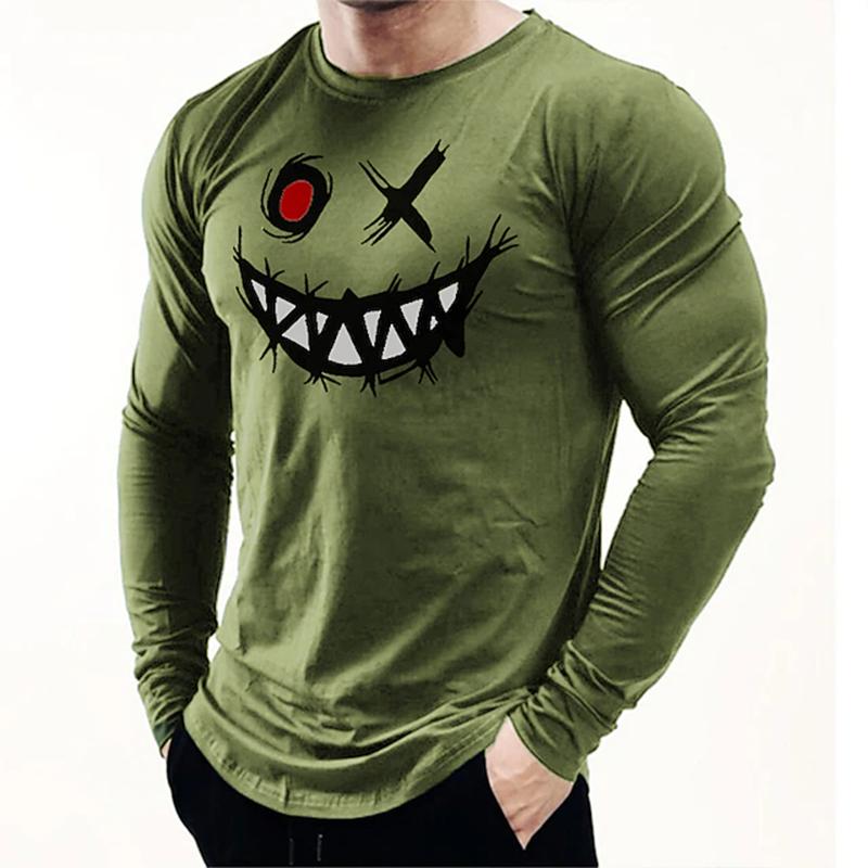Men's Casual Autumn Breathable Long Sleeve Crewneck Printed Evil Smiley Face Pattern Clothing Y2K Top Men's Long Sleeve