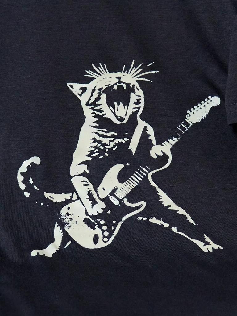 Rock Katze Gitarre spielend Print T-Shirt Lässiger und vielseitiger Stil Geeignet für den täglichen Gebrauch Sommer Oversize Shirt Baumwoll-Tees