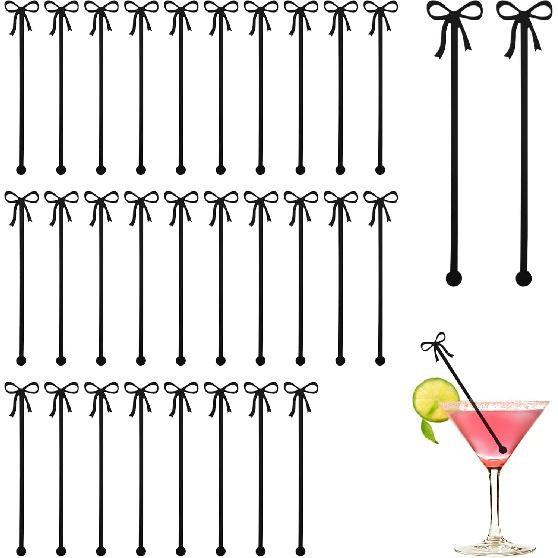 30 Pack Coquette Acrylic Bow Drink Stirrers, Pink Swizzle Sticks for Cocktail Coffee Reble Stirrers for Bachelorette Wedding Bridal Shower Party