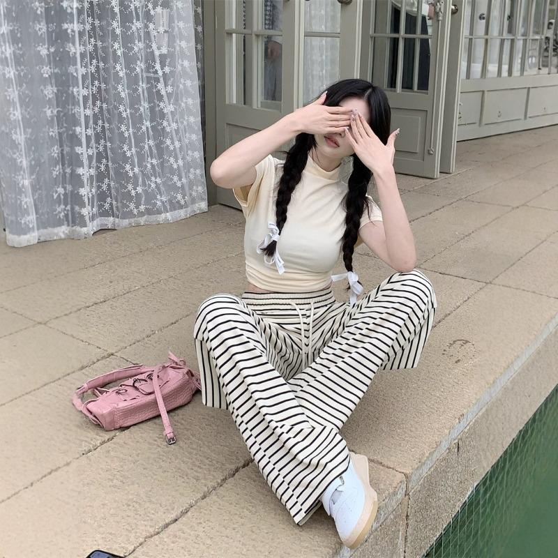 Black and White Striped Drape Casual Pants Women's Autumn Straight Trousers Lazy Wind Elastic Waist Loose Wide Leg Towel Pants
