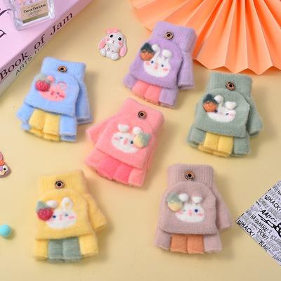 Student Winter Warm Gloves Leaked Finger Fleece Thickened Men's and Women's Writing Cartoon Cute Flip Knitted Half-finger Gloves