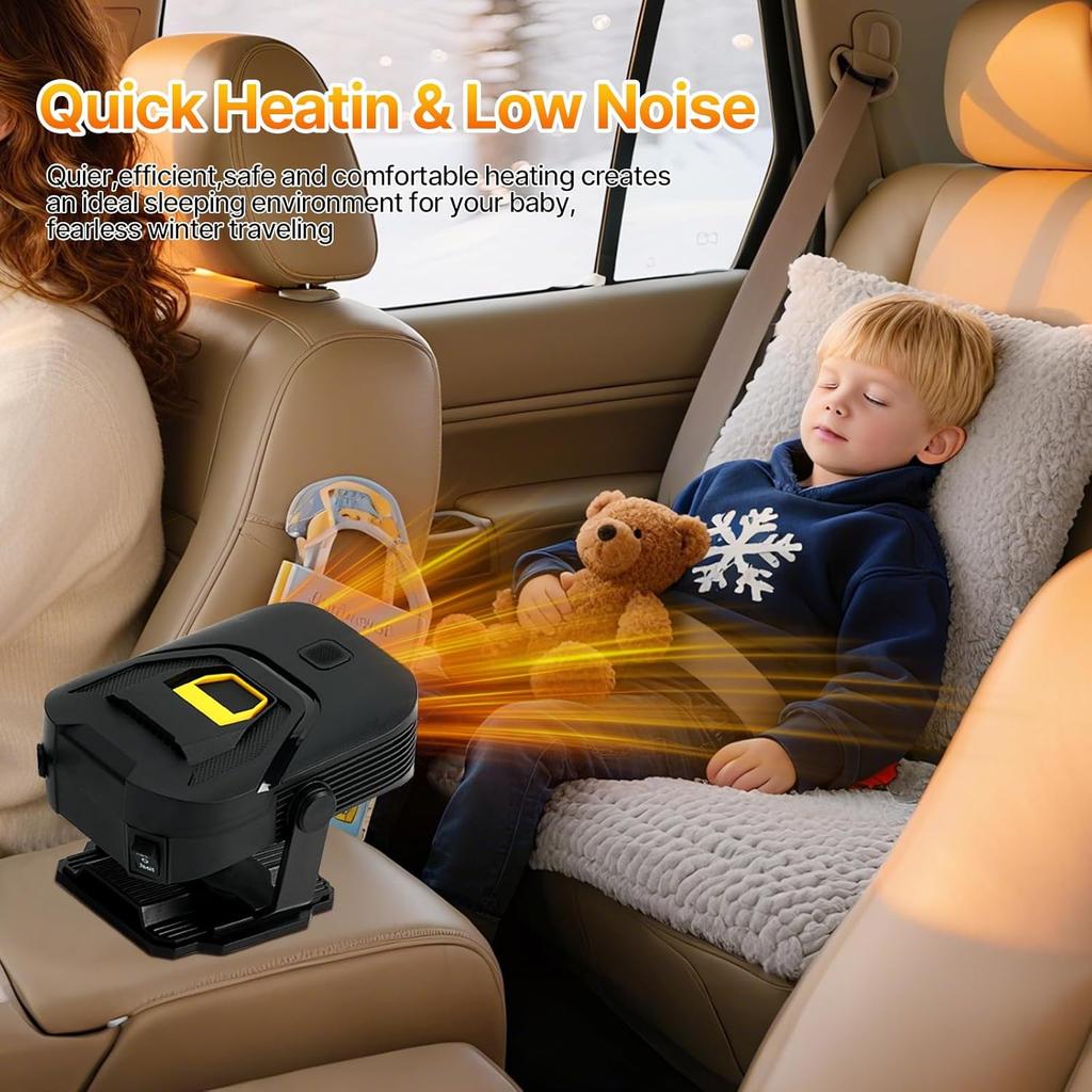 12V Portable Car Heater & Windshield Defroster, 2-in-1 Fast Heating/Cooling Fan with 360° Swivel Base for SUVs, Trucks & RVs