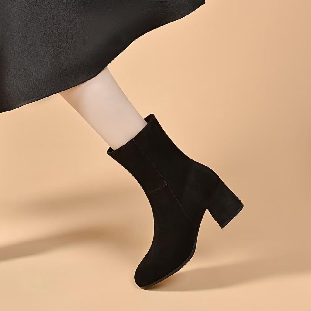High-heeled Boots Women's Autumn and Winter New Black Thick-heeled Thin Boots Round Head Side Zipper Fashion Boots Leather Boots