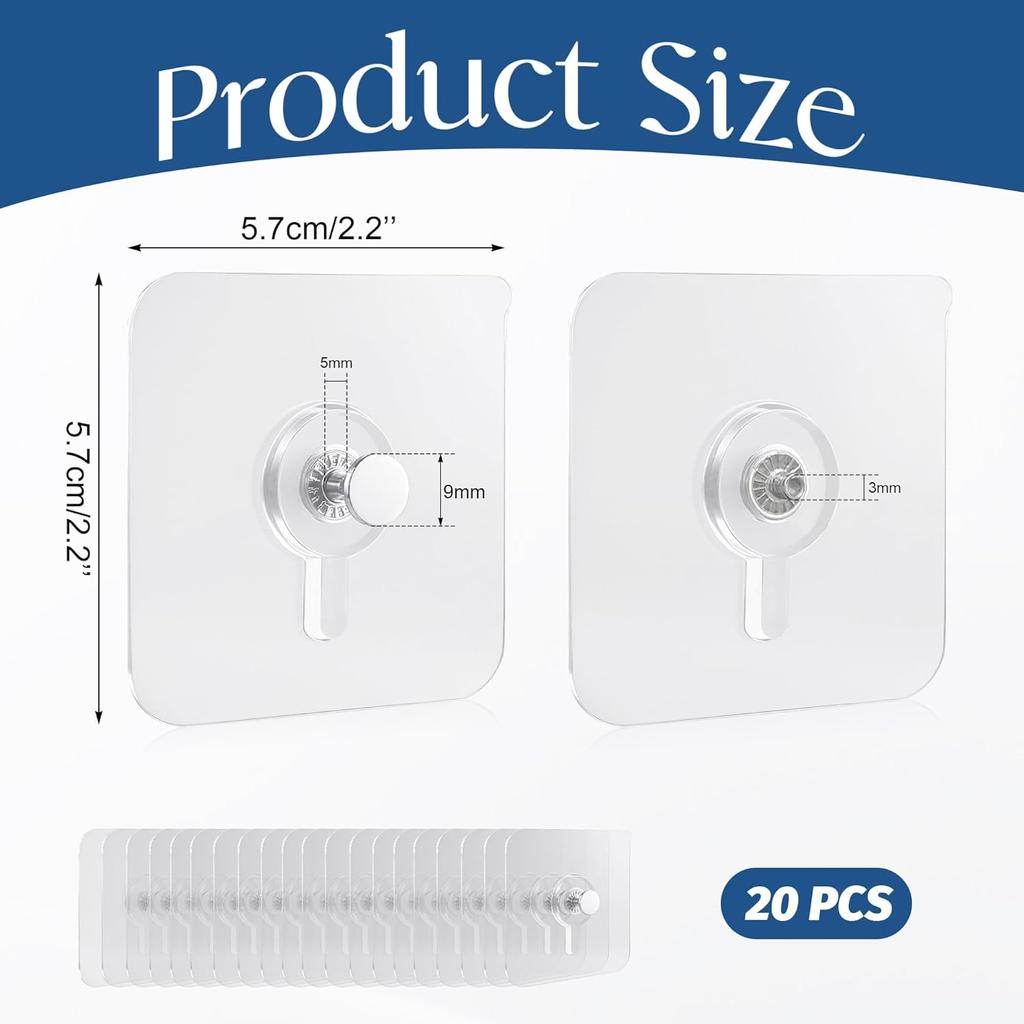 Quacc 20 PCS Self-Adhesive Picture Hooks Transparent Waterproof Hangers No Drill Wall Mount Screw Sticky Hooks for Hanging Picture Frames Wall