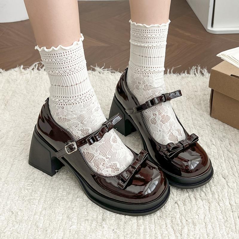

Fashion Elegant Bowknot High Heeled Mary Jane Shoes Women Ankle Buckle Platform Pumps Woman Japanese Patent Leather Lolita Shoes Female 35 коричневый
