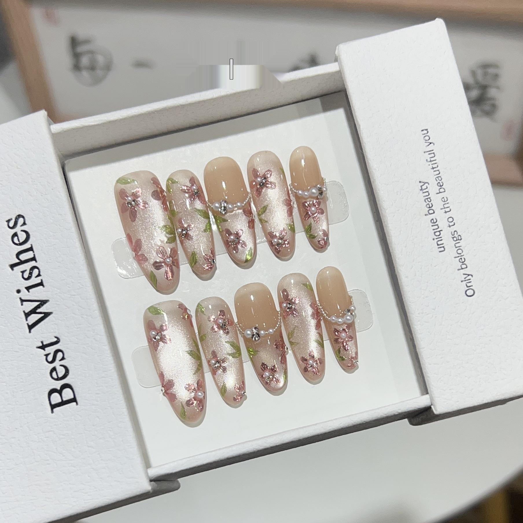 

Handmade Nude French Cat Eye Pearl Flower Removable Nail Tips Large L