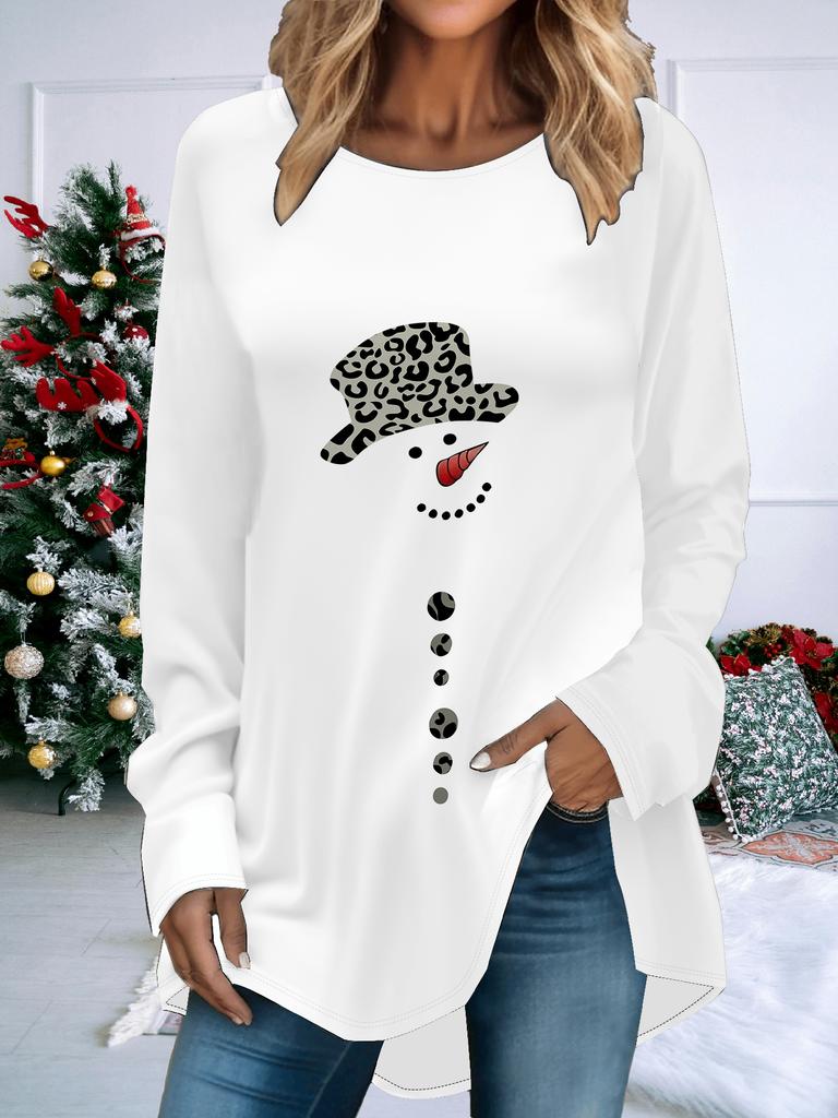 Übergröße Damen Frühling Weihnachten Bedruckt Bequem Langarm Rundhals T-Shirt Lässig Weit Mittelang Tops
