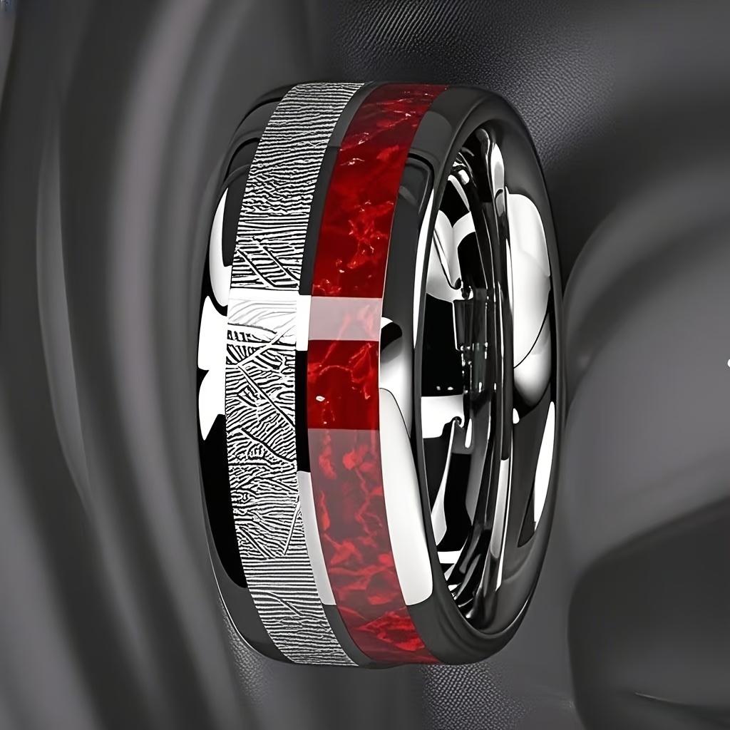 Fashion 8mm Silver Color With Red Opal Meteorite Inlay Rings Men Stainless Steel Ring for Men Women Wedding Party Jewelry