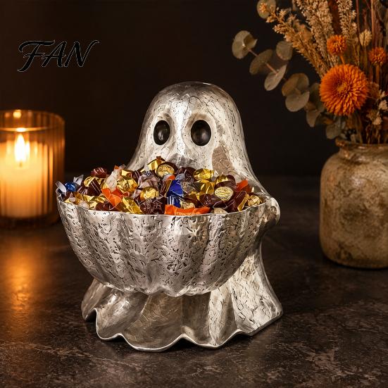 Small Item Organizer Halloween Ghost Candy Bowl, Resin Decorative Storage Dish, Silver Sculpture Gray Snack Holder, for Home Tabletop And Entryway