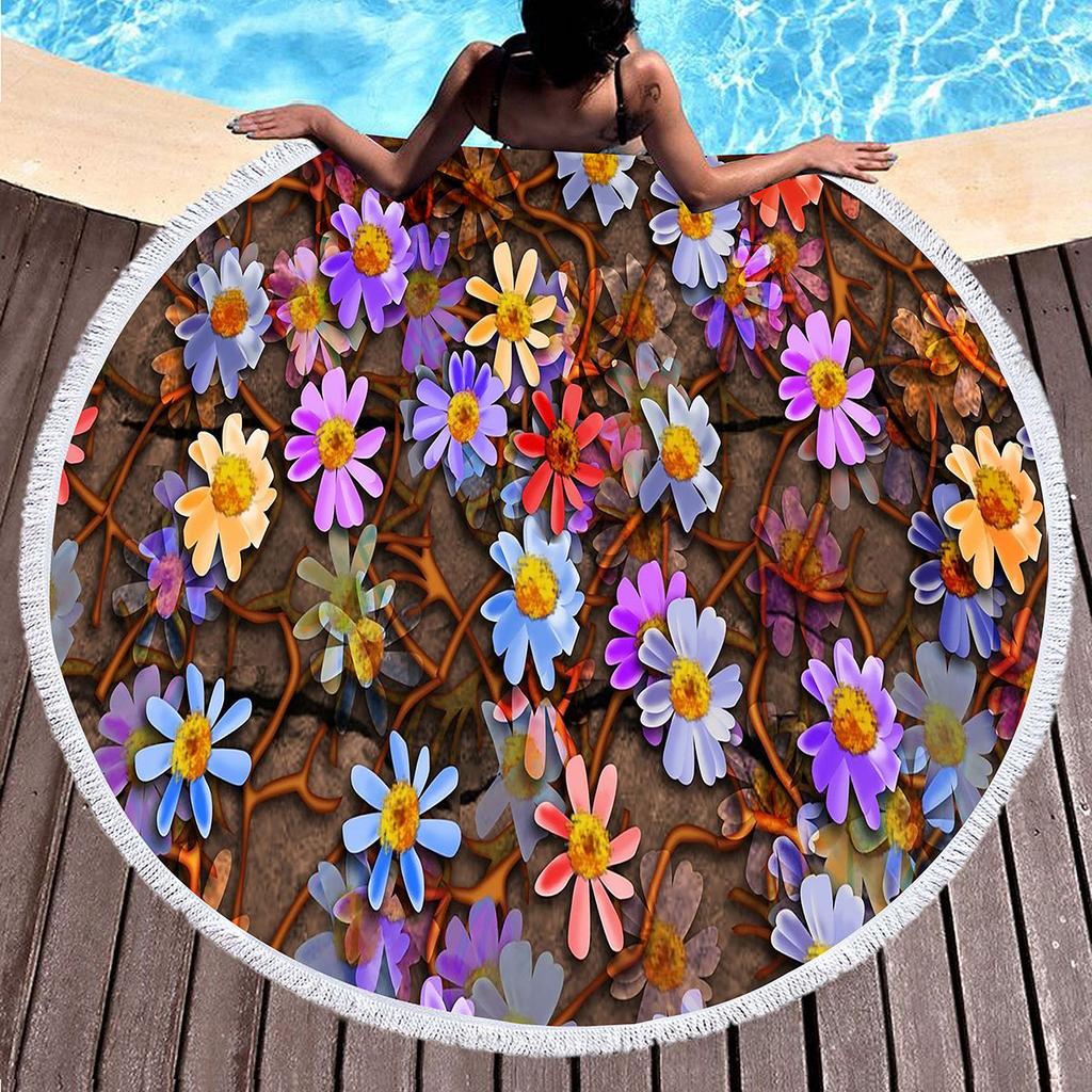 Botanical Floral Round Beach Towel Boho Flower Farmhouse Beach Blanket Pool Towels For Picnic Soft Sand Free Absorbent Yoga Mat