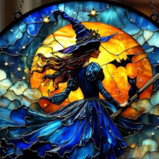 10/15/25CM Halloween Heks Solfanger Hengende Dekorasjon Svart Katt Flaggermus Måne Heks Farget Glass Akryl Vegg Vindu Hengende Skilt Ornament