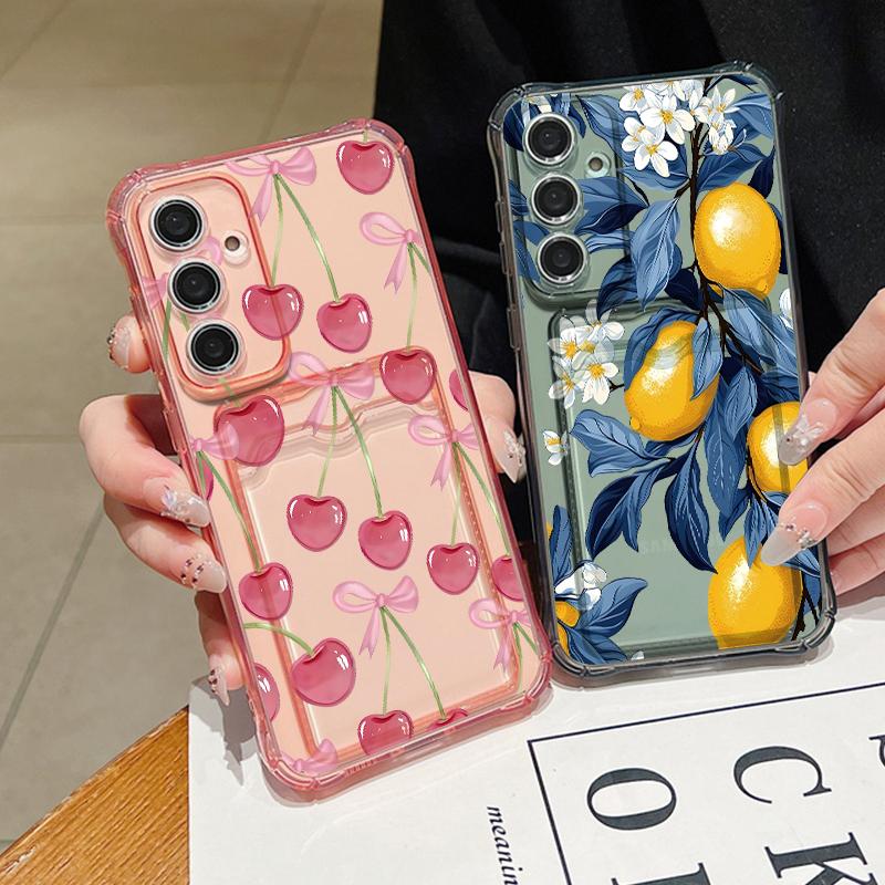 Cherry Lemon Patterned Clear Phone Case For Samsung Galaxy A57 A37 A17 A56 A16 A55 A36 A26 A15 A54 A14 A53 Card Bag Wallet Cover
