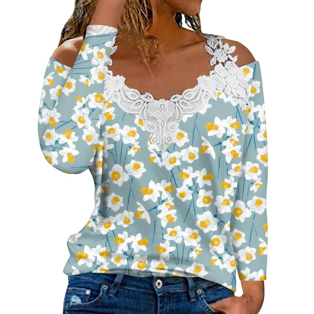 Modischer Spitzen V-Ausschnitt Pullover Langarm Gestreiftes Druck Top Einfarbiges Freizeit T-Shirt