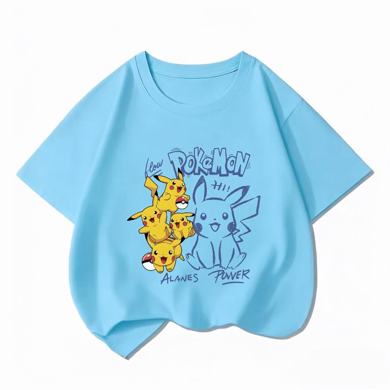 Potdemiel Kids Cotton Tshirt Cute Pikachu Print Summer Short Sleeve Tee Boys Girls Breathable Casual Crew Neck Tops