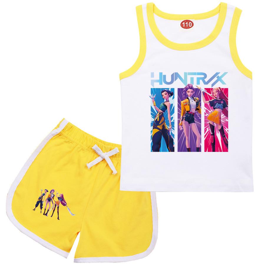 Kinder Mädchen Anime Cartoon K-Pop Rumi Aufdruck Baumwolle Ärmelloses T-Shirt Tanktop Shorts Kleidung Set