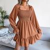 Flared Swing Dress Summer Spring Long Sleeve Square Neck Ruffled A Line Solid Color All Match Sizes S To XL