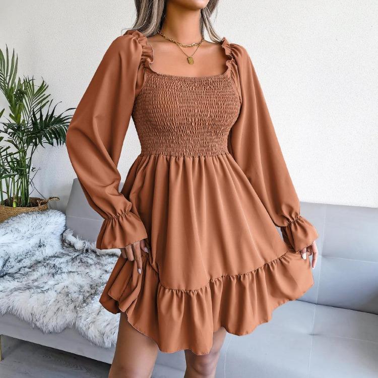 Flared Swing Dress Summer Spring Long Sleeve Square Neck Ruffled A Line Solid Color All Match Sizes S To XL