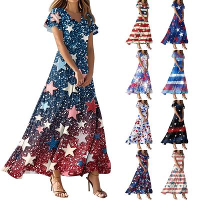 Women's Summer Casual Fashion Print Color Dresses V-Neck Short Sleeve Dresses