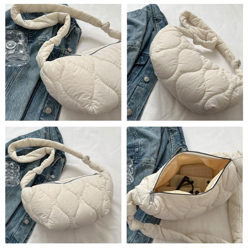 Female Puffer Shoulder Bag Trendy Soft Down Pillow Shopper Bag with Zipper Quilted Simple Crossbody Bag for Teenage Girls