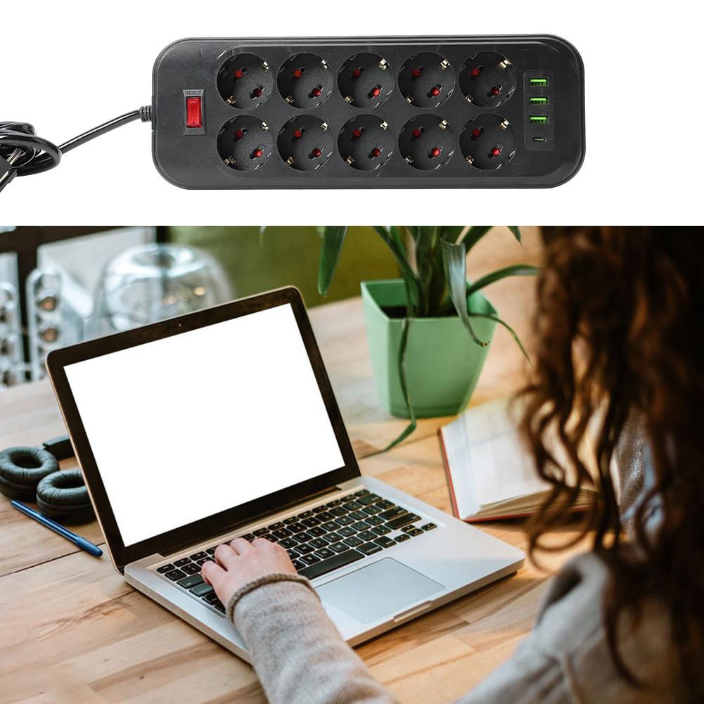 Surge Protector EU 10-Outlet Strip Built-in USB Ports Surge Protection Overload Protection Space-saving Layout