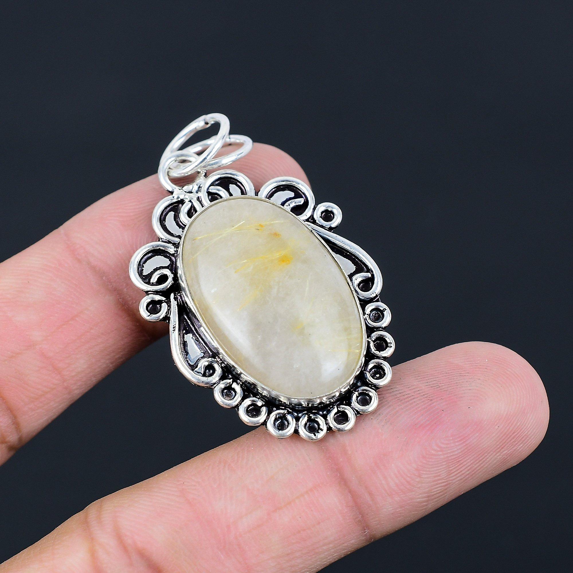 925 Sterling Silver Oval Golden Rutile Stone Ethnic Sister Unique Bezel Pendant