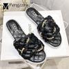 Fashion Bling Bling Crystal Flat Slippers Woman Brand Designer Knitted&Chains Flip Flops Shoes Ladies Beach Sandals Comfy Plaid Slides