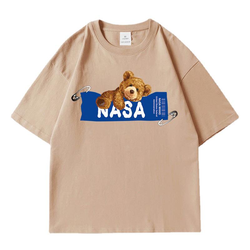 Men's NASA Co-branded Bear Print Crew Neck Cotton T-Shirt - Short Sleeve, Casual Streetwear, Plus Size Available