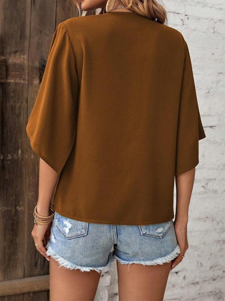 2025 Summer Women's V-Neck Batwing Sleeve Top - Solid Color Fashion