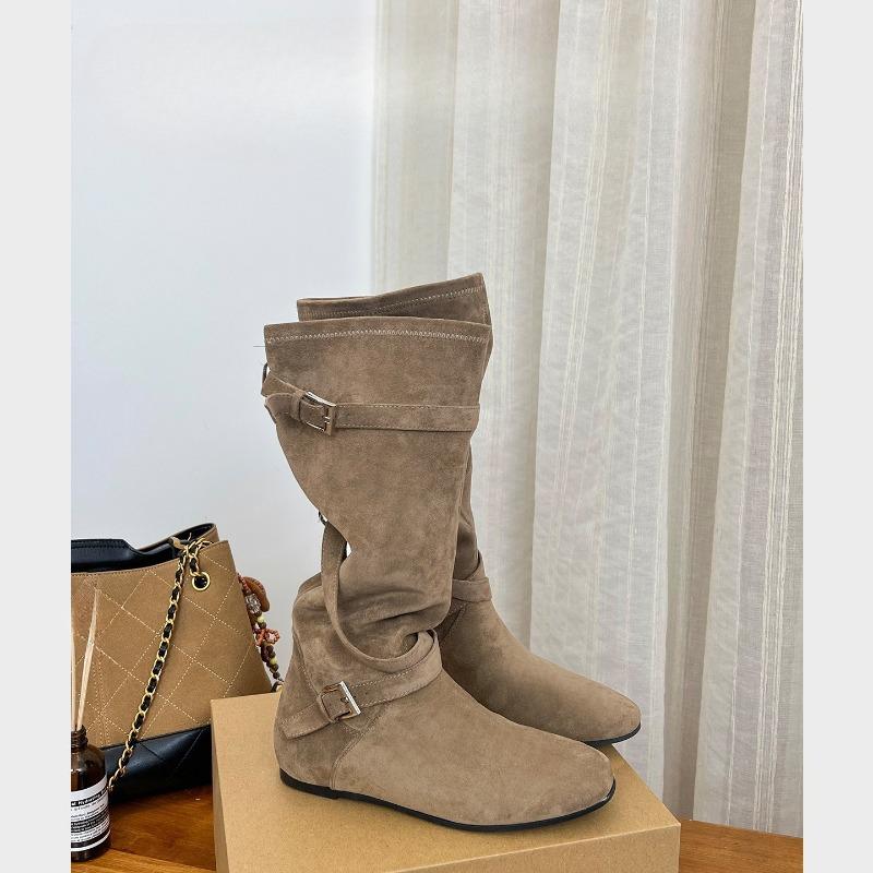 New Women's Autumn and Winter Height-increasing Shoes, Pleated Shoes, Round-toed Buckle Mid-calf Boots
