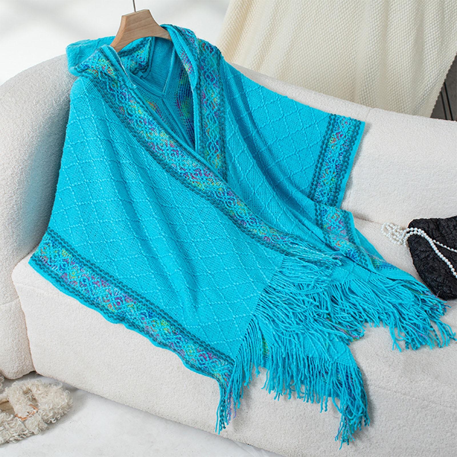 

Женская мода этнический стиль вязаный капюшон с бахромой накидка свитер шаль One Size синий