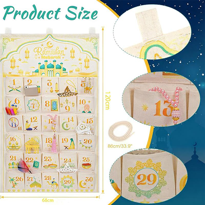 Ramadan Decor Canvas Countdown 30 Day Advent Calendar Bag For Muslim Islamic Kid Boy Girl Ramadan Decor Hanging Organizer